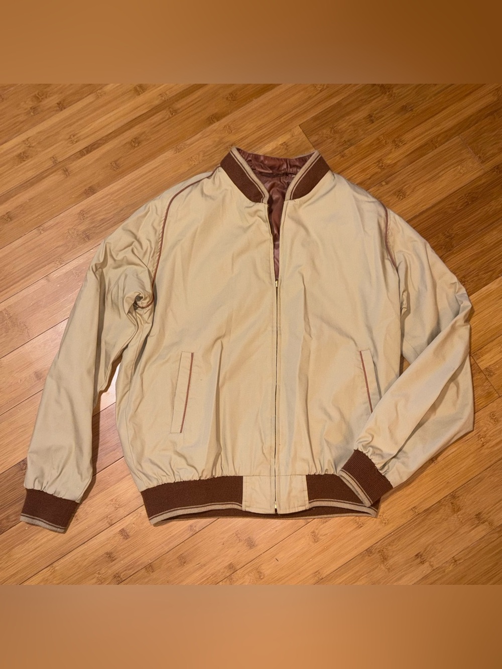 Vintage Sears Reversible Bomber Jacket XL Tall Tan Brown Nylon Varsity 70s 80s